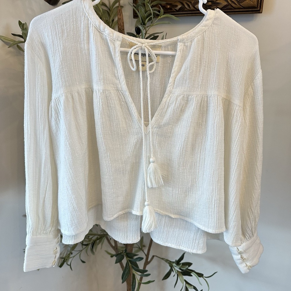 Womens Cleobella White Cotton Blouse Top Tie Tassels Crop Beach Vacation Boho XS